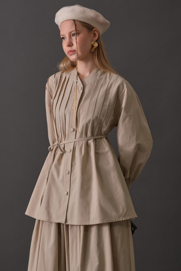 Pin-Tuck Cotton Shirt Stone - 5