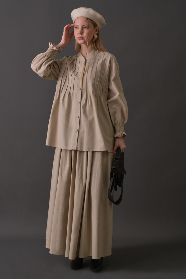 Pin-Tuck Cotton Shirt Stone - 7