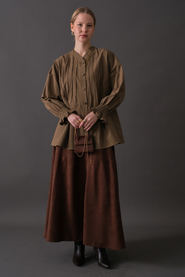 Pin-Tuck Cotton Shirt Taupe - 1