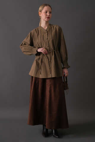 Pin-Tuck Cotton Shirt Taupe - 3