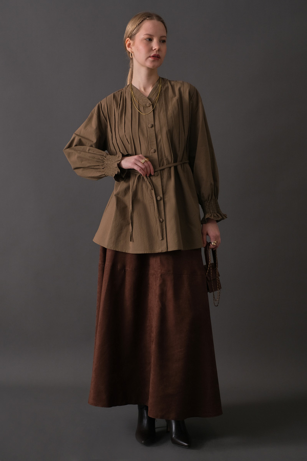 Pin-Tuck Cotton Shirt Taupe - 3