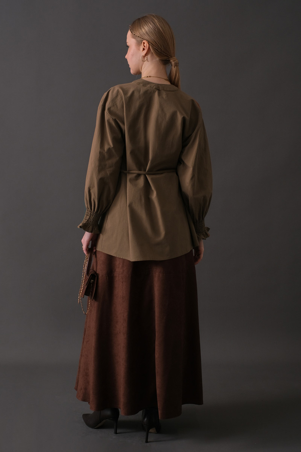 Pin-Tuck Cotton Shirt Taupe - 14