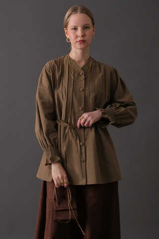 Pin-Tuck Cotton Shirt Taupe - 5