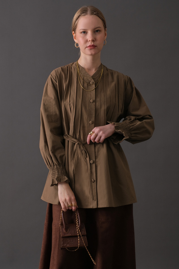 Pin-Tuck Cotton Shirt Taupe - 5