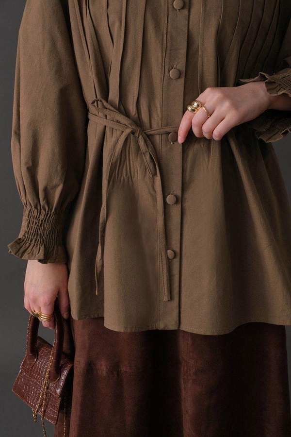 Pin-Tuck Cotton Shirt Taupe - 6