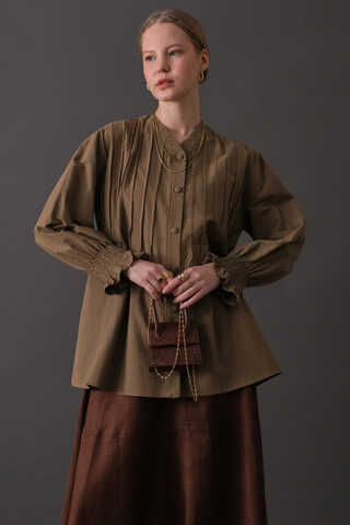 Pin-Tuck Cotton Shirt Taupe - 7