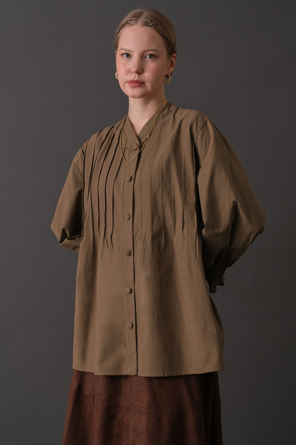 Pin-Tuck Cotton Shirt Taupe - 8