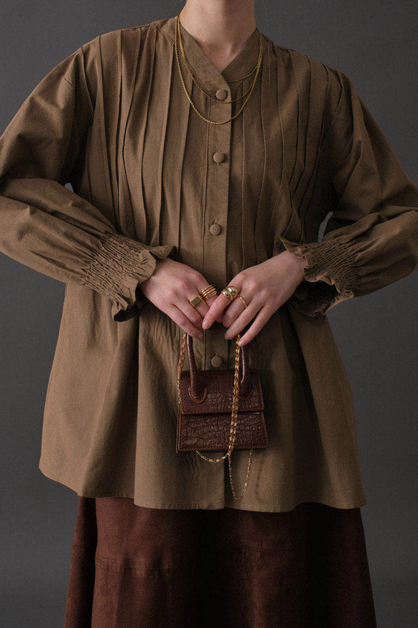 Pin-Tuck Cotton Shirt Taupe - 9
