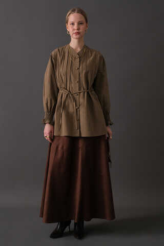 Pin-Tuck Cotton Shirt Taupe - 10