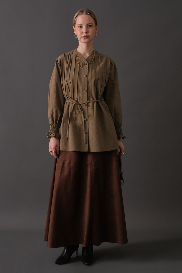 Pin-Tuck Cotton Shirt Taupe - 10