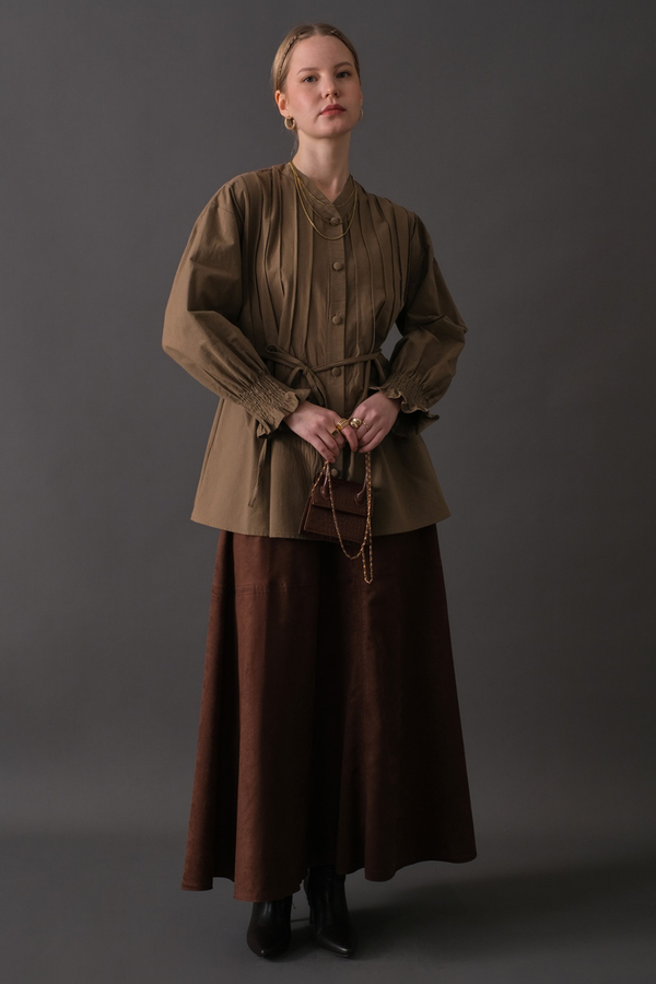 Pin-Tuck Cotton Shirt Taupe - 11