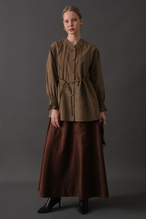 Pin-Tuck Cotton Shirt Taupe - 12