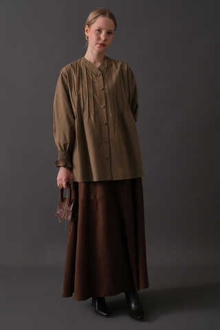 Pin-Tuck Cotton Shirt Taupe - 13