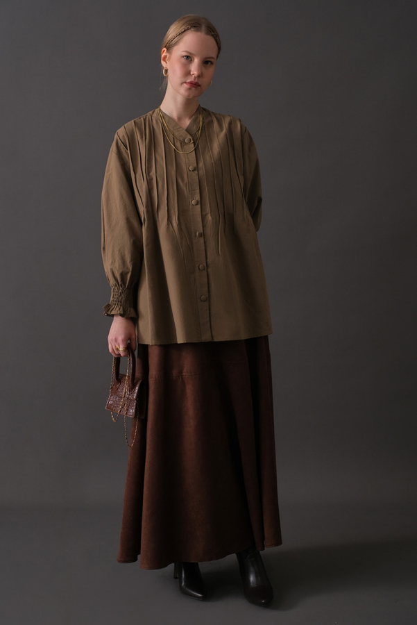 Pin-Tuck Cotton Shirt Taupe - 13