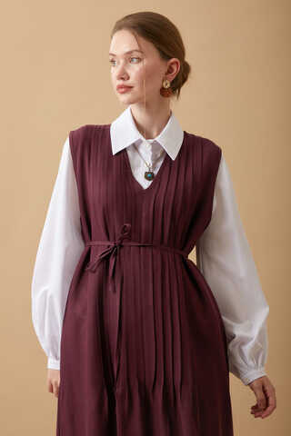 Pin Tuck Detail Dress Burgundy - 7