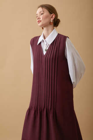 Pin Tuck Detail Dress Burgundy - 4
