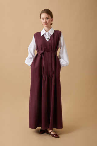 Pin Tuck Detail Dress Burgundy - 5