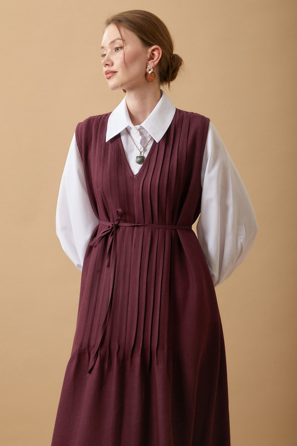 Pin Tuck Detail Dress Burgundy - 6