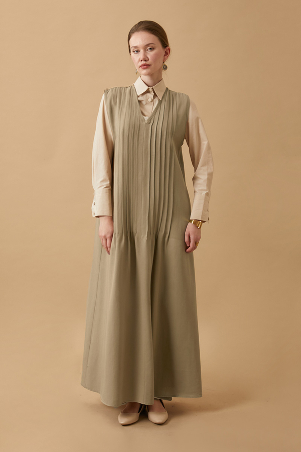 Pin Tuck Detail Dress Camel - 4