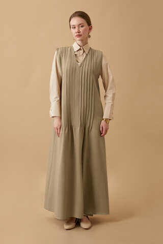 Pin Tuck Detail Dress Camel - 4