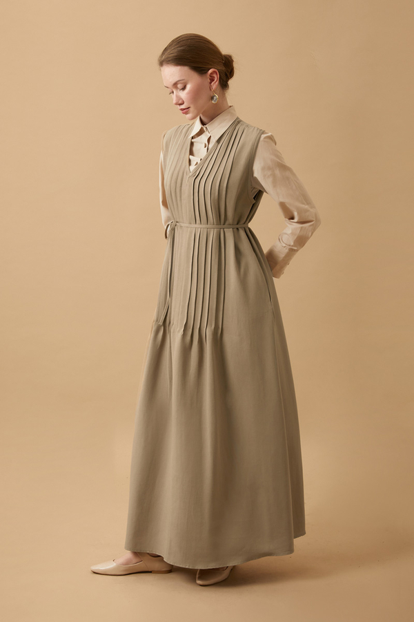 Pin Tuck Detail Dress Camel - 6