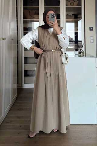 Pin Tuck Detail Dress Camel - 1