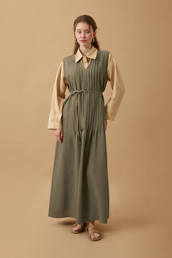 Pin Tuck Detail Dress Khaki - 11
