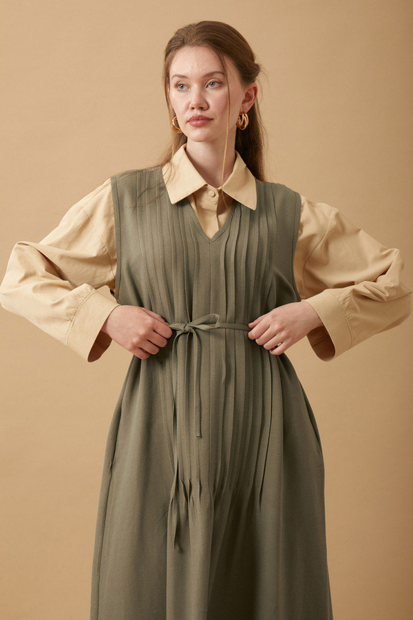 Pin Tuck Detail Dress Khaki - 12