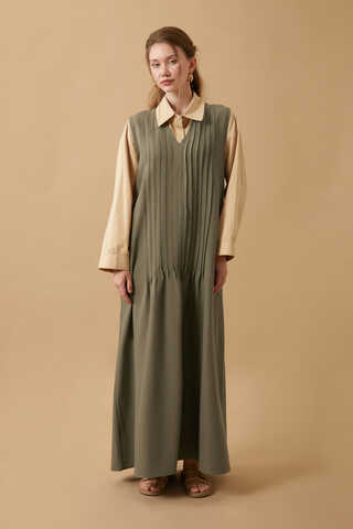 Pin Tuck Detail Dress Khaki - 8