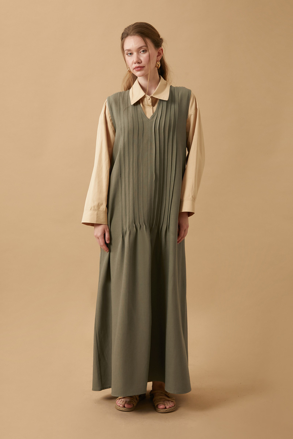 Pin Tuck Detail Dress Khaki - 8