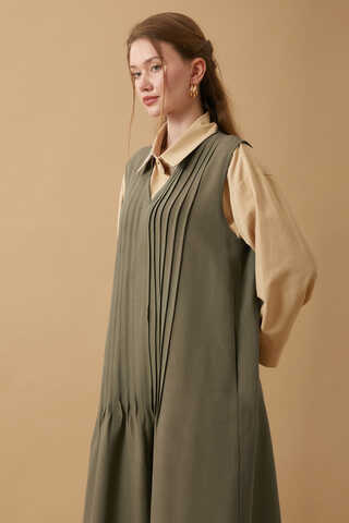 Pin Tuck Detail Dress Khaki - 9