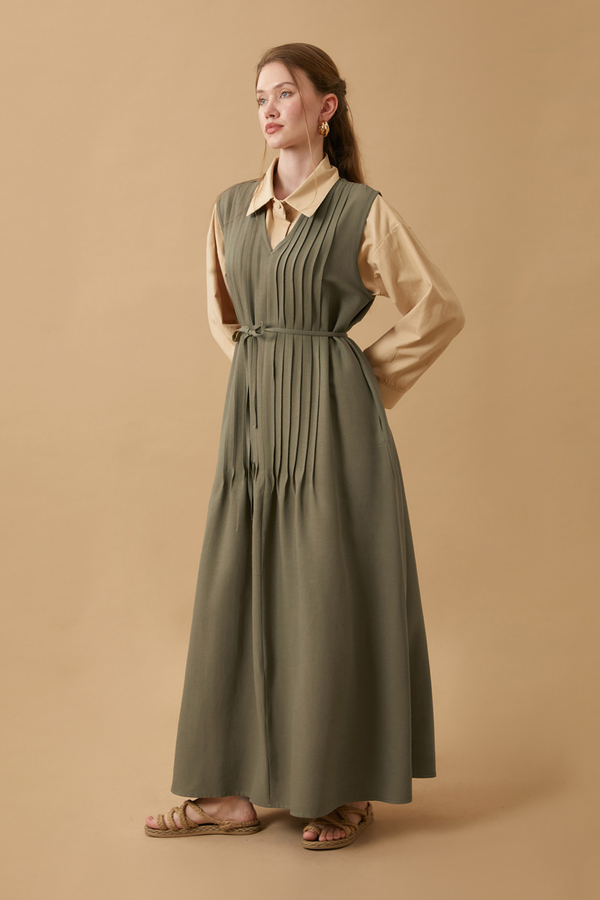 Pin Tuck Detail Dress Khaki - 13