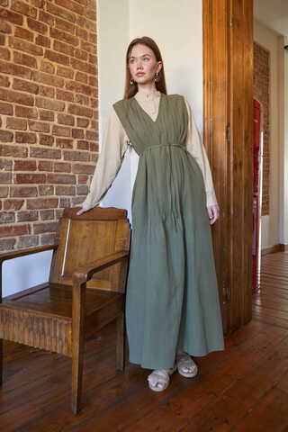 Pin Tuck Detail Dress Khaki - 1