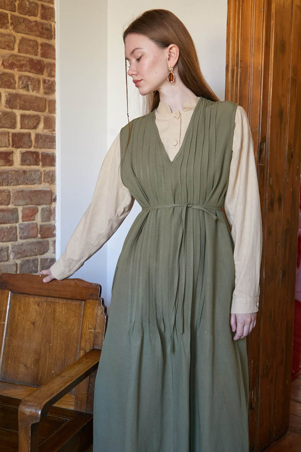 Pin Tuck Detail Dress Khaki - 6