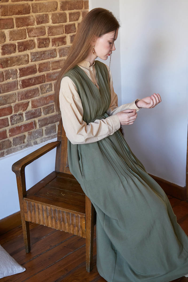 Pin Tuck Detail Dress Khaki - 5