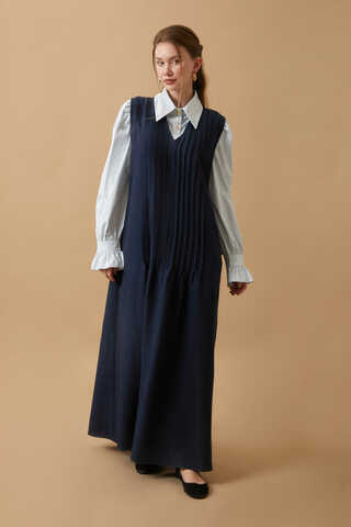 Pin Tuck Detail Dress Navy Blue - 2