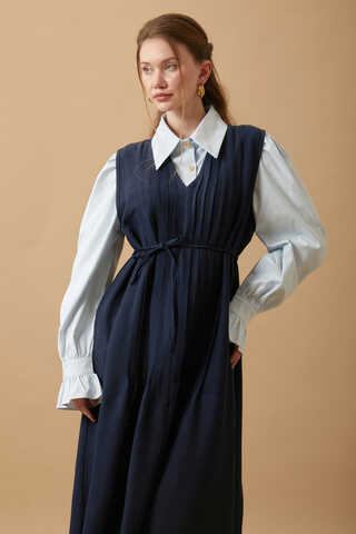 Pin Tuck Detail Dress Navy Blue - 5