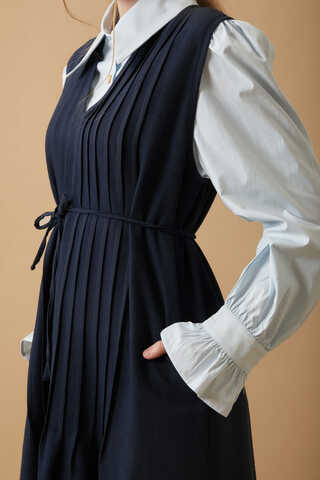 Pin Tuck Detail Dress Navy Blue - 4