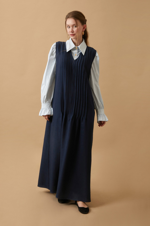 Pin Tuck Detail Dress Navy Blue - 2