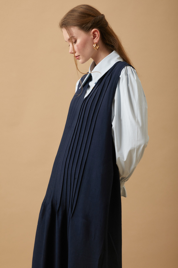 Pin Tuck Detail Dress Navy Blue - 3