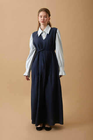 Pin Tuck Detail Dress Navy Blue - 1