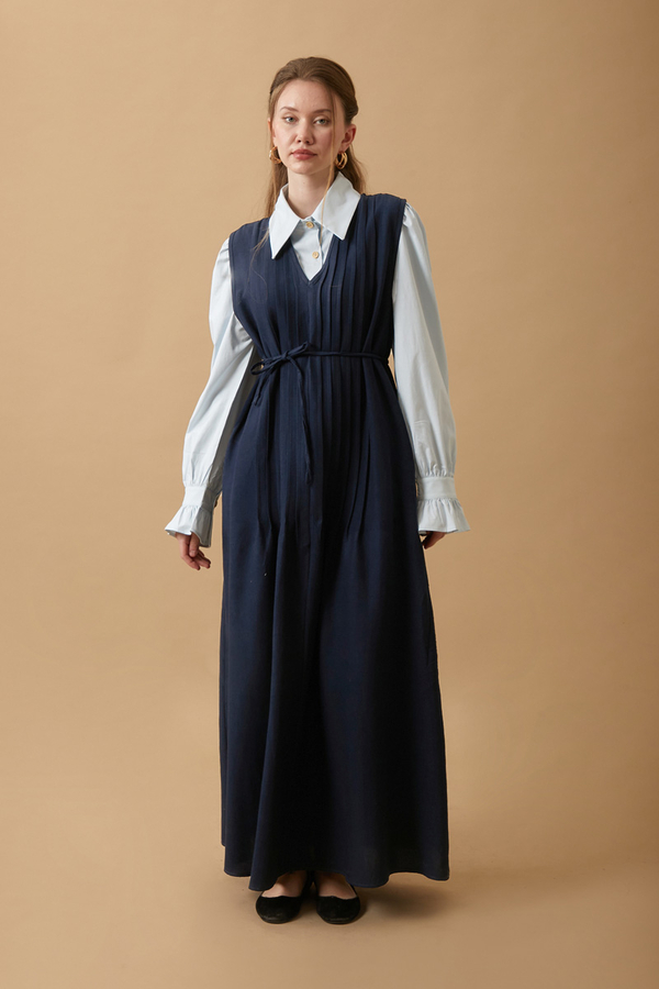 Pin Tuck Detail Dress Navy Blue 