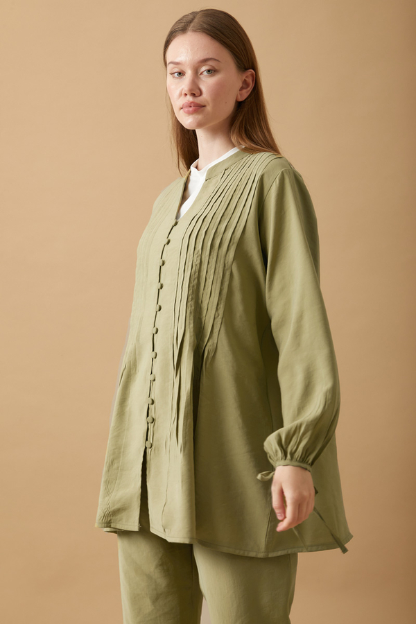 Pin Tuck Detail Pants Set Light Green - 3