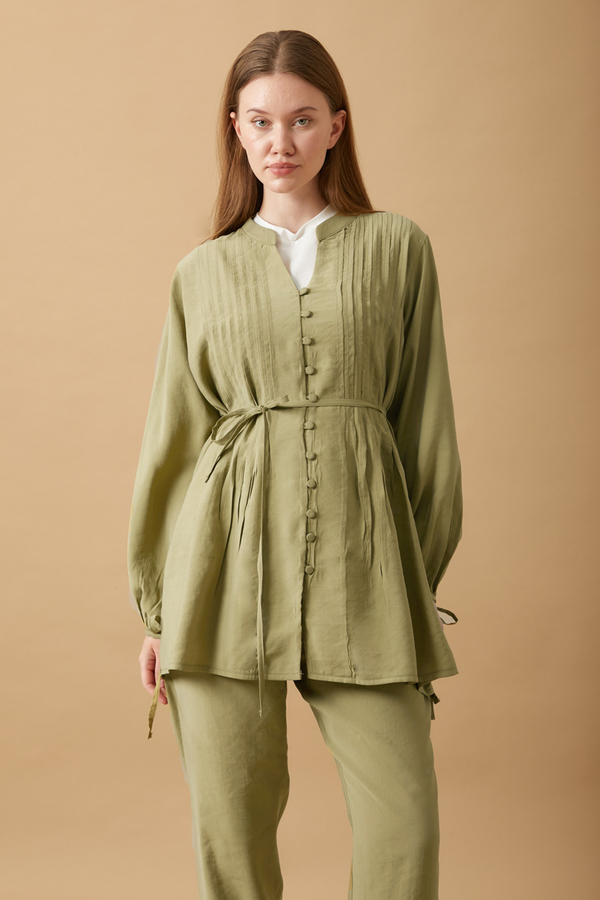 Pin Tuck Detail Pants Set Light Green - 4