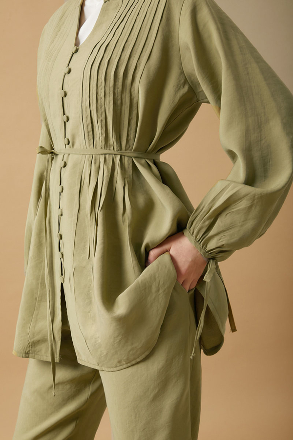 Pin Tuck Detail Pants Set Light Green - 6