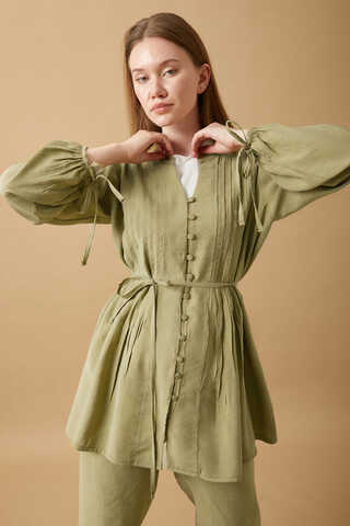 Pin Tuck Detail Pants Set Light Green - 7