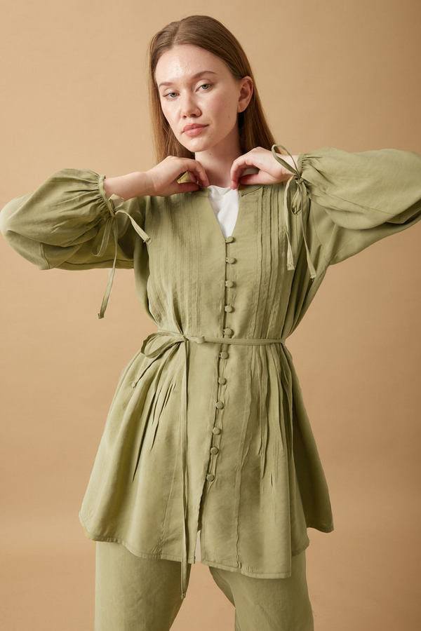 Pin Tuck Detail Pants Set Light Green - 7