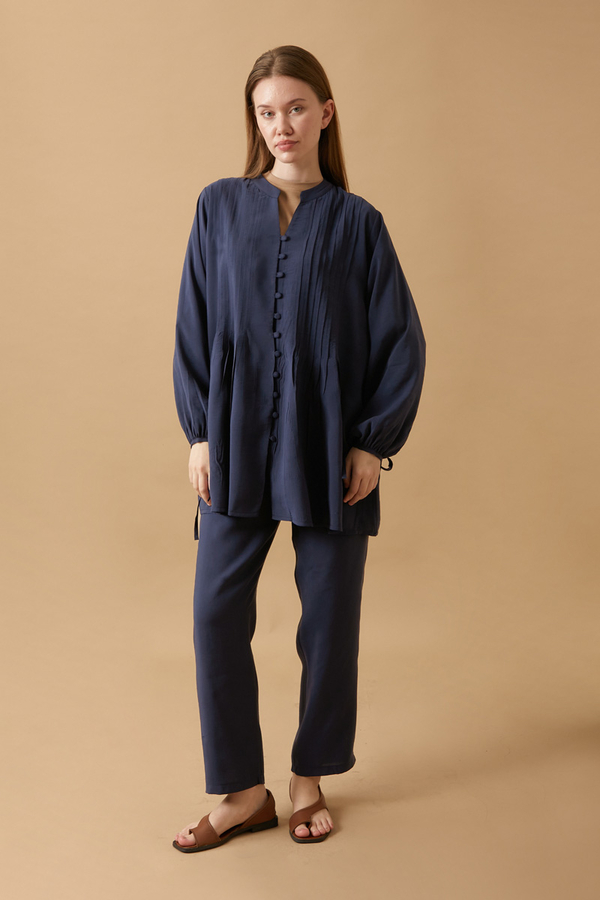 Pin Tuck Detail Pants Set Navy Blue - 1