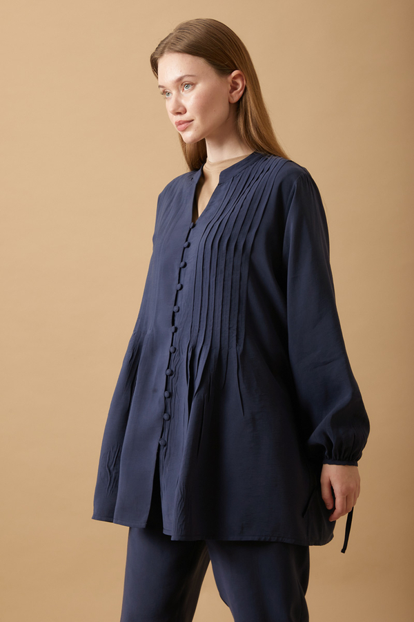 Pin Tuck Detail Pants Set Navy Blue - 2