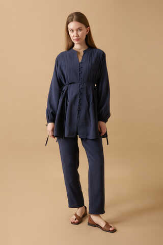 Pin Tuck Detail Pants Set Navy Blue - 4